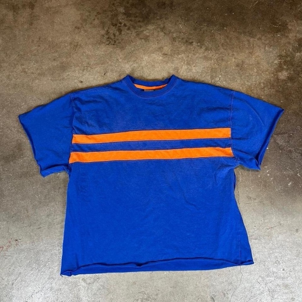 Vintage y2k Fila Mens T-Shirt Blue Orange Striped Made in USA Small Boxy Fit